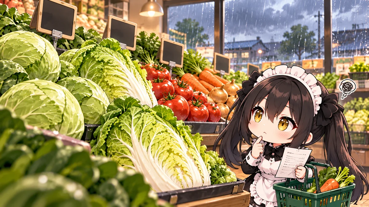葉物野菜の価格上昇、長雨と日照不足が影響を題材に、記事に関係する場面や物とミオを描いた専用イメージイラスト