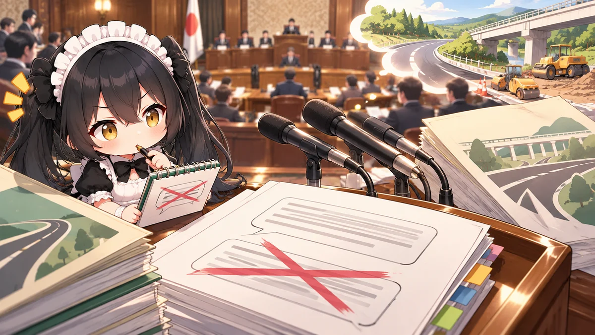 簗農水相の発言問題、撤回後も説明責任が焦点にを題材に、記事に関係する場面や物とミオを描いた専用イメージイラスト