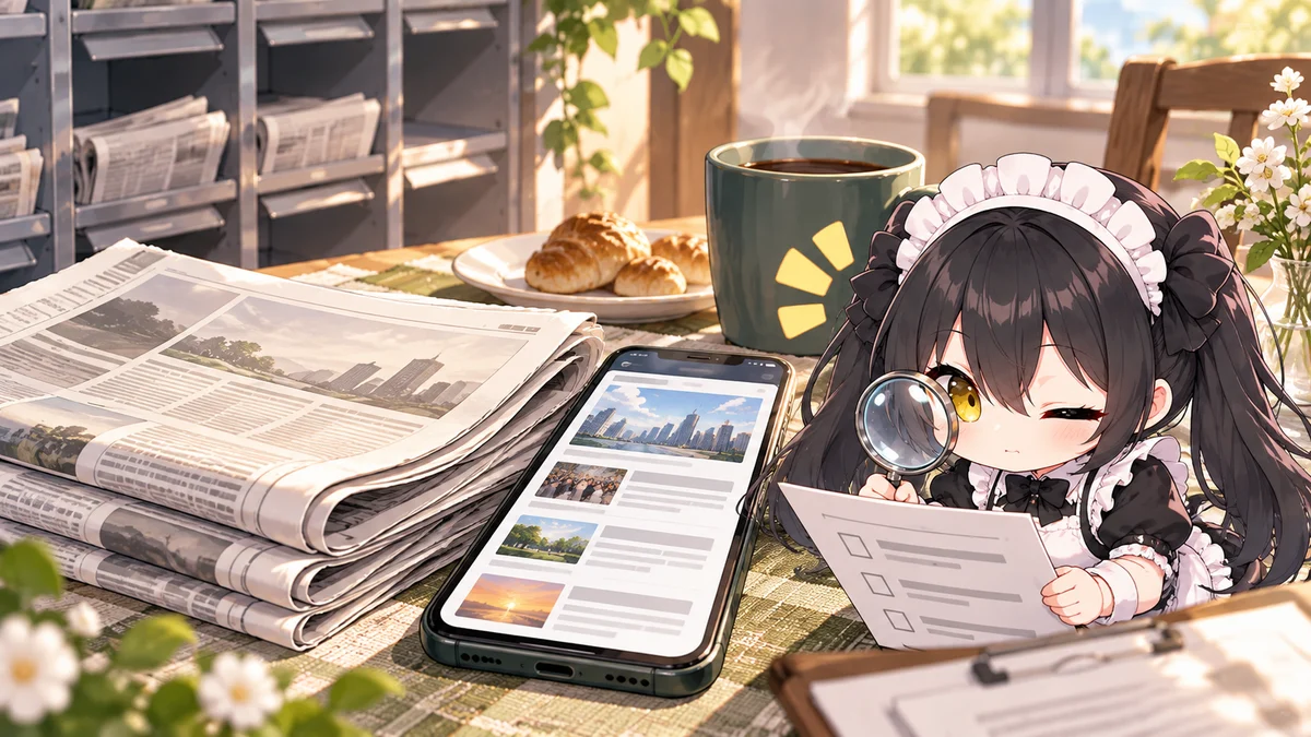 新聞購読率が初めて5割を下回る、全国調査を題材に、記事に関係する場面や物とミオを描いた専用イメージイラスト