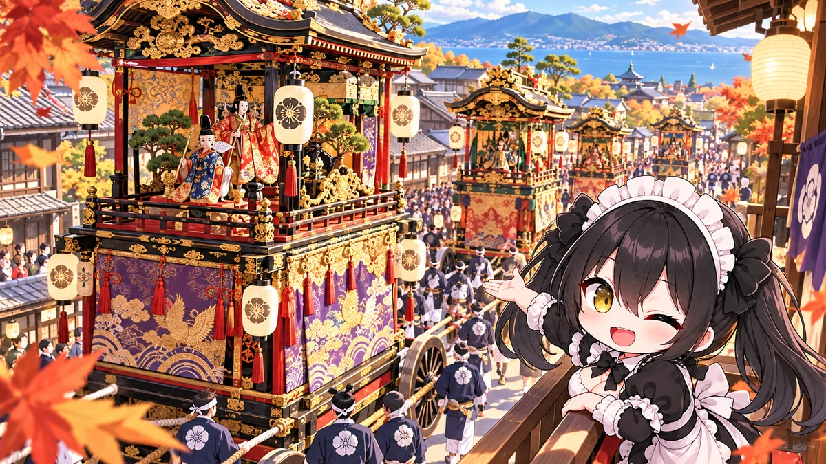 大津祭、ユネスコ登録後初の本祭で13基が巡行を題材に、記事に関係する場面や物とミオを描いた専用イメージイラスト