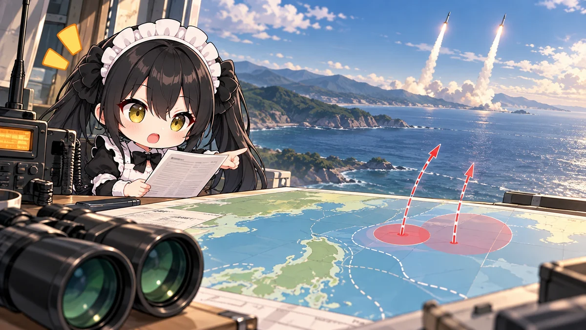北朝鮮が弾道ミサイル少なくとも2発、EEZ飛来は確認されずを題材に、記事に関係する場面や物とミオを描いた専用イメージイラスト