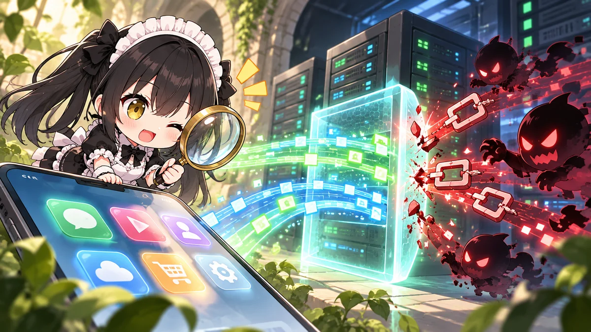 NICT、アプリから裏側のサーバを狙う攻撃に注意を題材に、記事に関係する場面や物とミオを描いた専用イメージイラスト