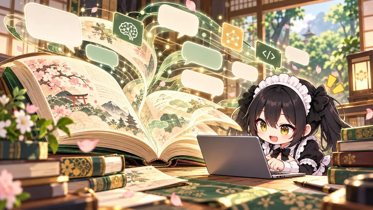 国産AI「Sarashina」の無償&beta;版を公開を題材に、記事に関係する場面や物とミオを描いた専用イメージイラスト