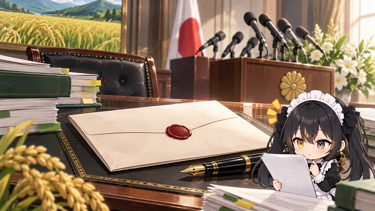 簗農水相が辞表を提出、発言と送迎問題が焦点を題材に、記事に関係する場面や物とミオを描いた専用イメージイラスト