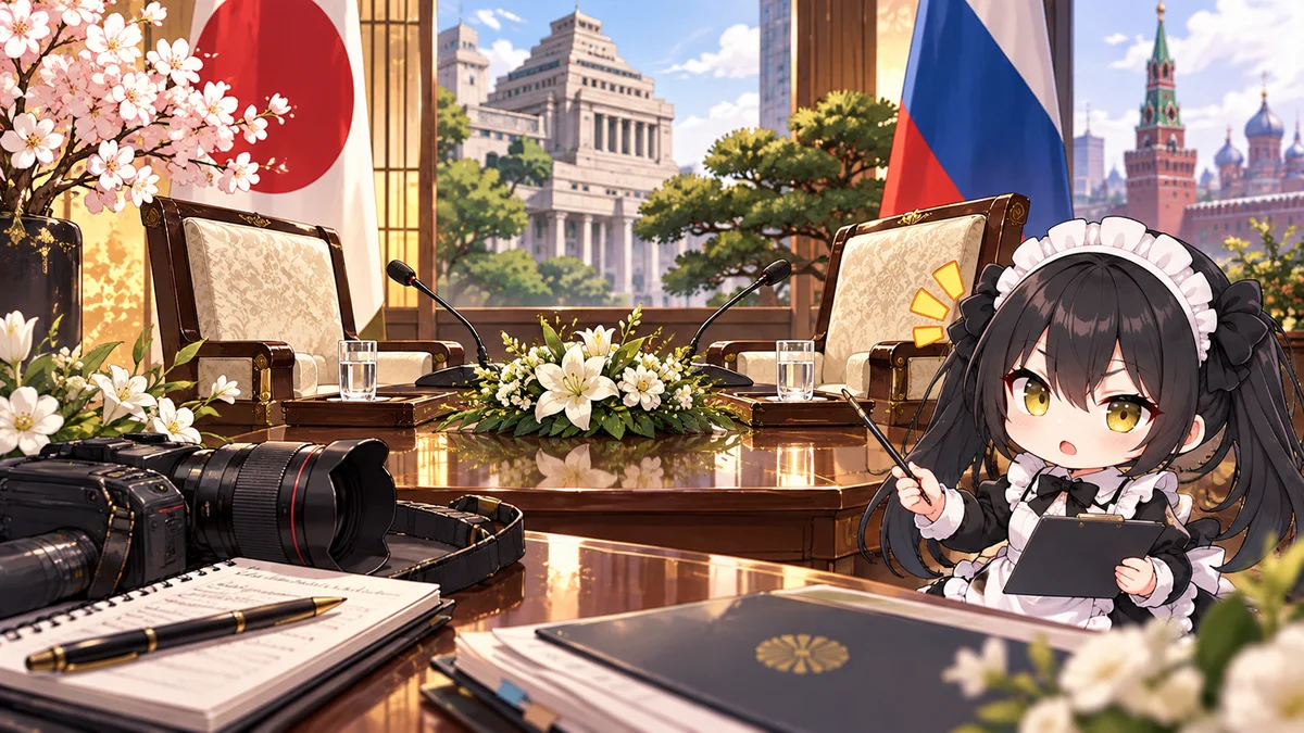 記者拘束を受け外務省がロシア大使を呼び出しを題材に、記事に関係する場面や物とミオを描いた専用イメージイラスト
