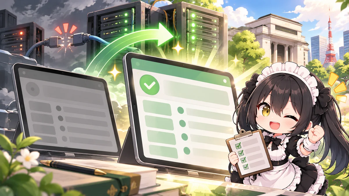 PayPay証券が復旧、日本株とETFの取引を再開を題材に、記事に関係する場面や物とミオを描いた専用イメージイラスト