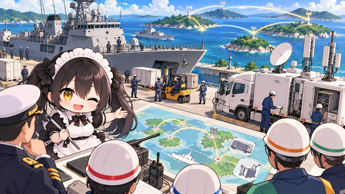 海自沖縄基地と通信4社、災害時の復旧協力で協定を題材に、記事に関係する場面や物とミオを描いた専用イメージイラスト