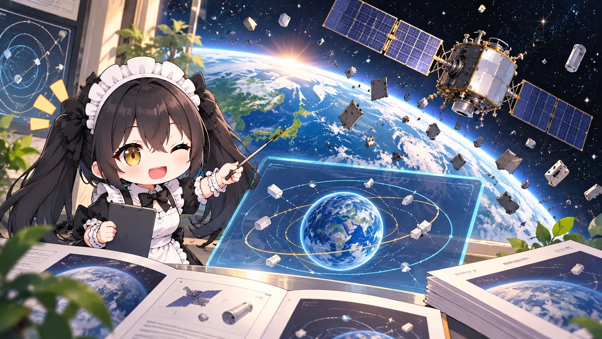 JAXA、宇宙ごみを考えるワークショップのプログラム公開を題材に、記事に関係する場面や物とミオを描いた専用イメージイラスト