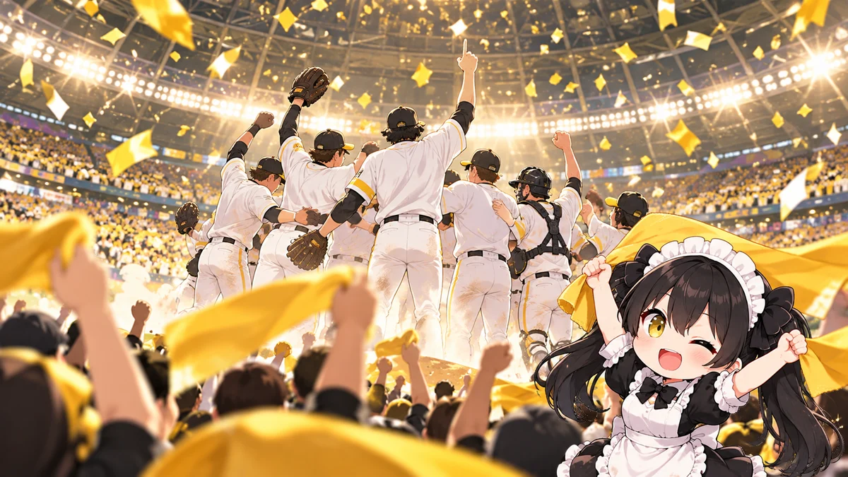 ソフトバンクが日本シリーズ進出、CS第3戦で日本ハムに勝利を題材に、記事に関係する場面や物とミオを描いた専用イメージイラスト