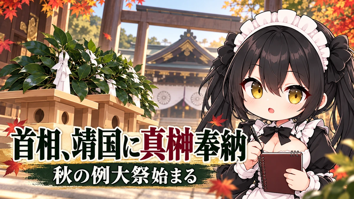 高市首相が靖国神社に真榊を奉納　秋季例大祭が始まるを題材にしたミオのイメージイラスト