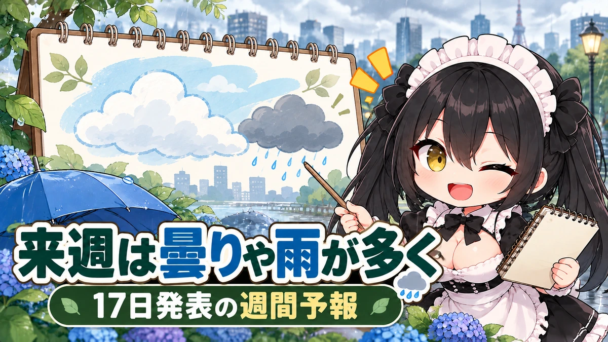 17日発表の週間予報　18～24日は全国的に曇りや雨が多い見込みを題材にしたミオのイメージイラスト