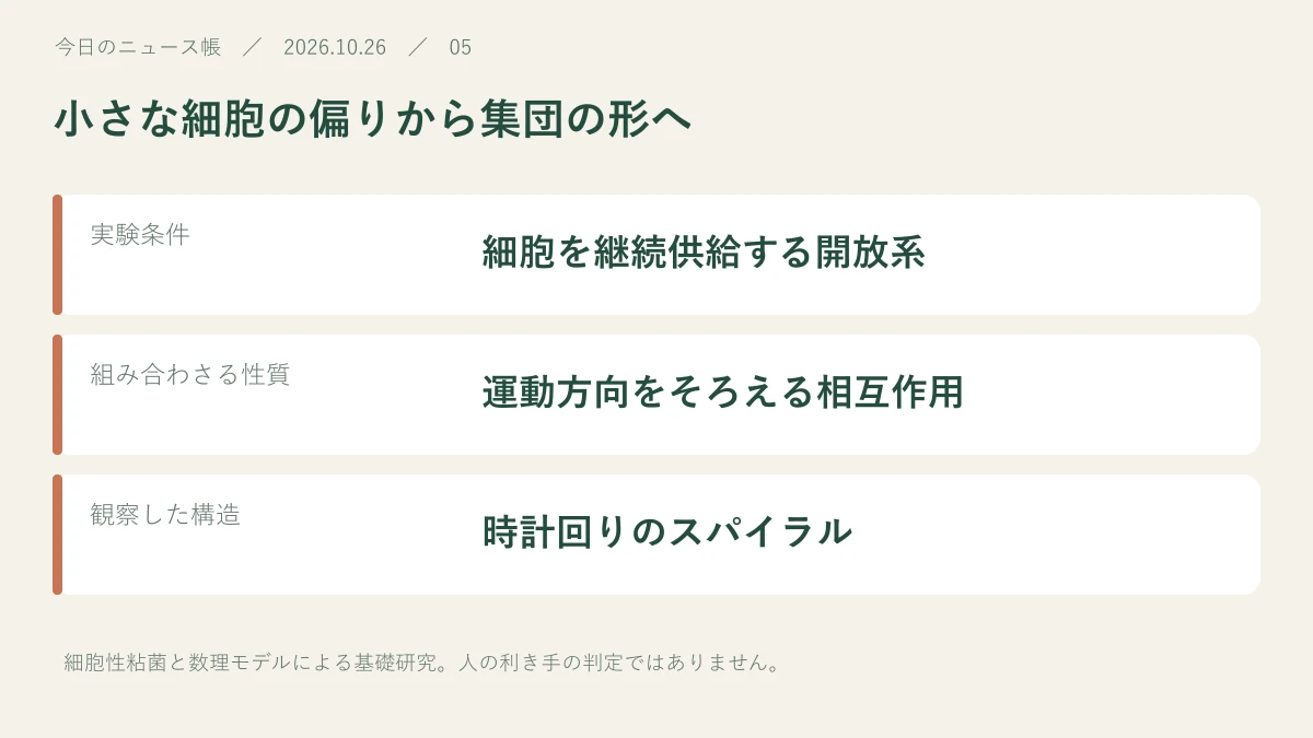 実験条件:細胞を継続供給する開放系。組み合わさる性質:運動方向をそろえる相互作用。観察した構造:時計回りのスパイラル