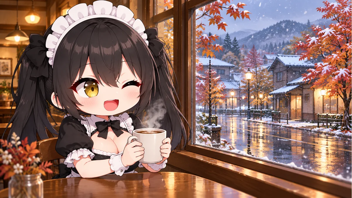 室内で温かい飲み物を持つミオと、窓越しに見える紅葉と少量の雪。初雪のイメージで、大雪や一面の積雪を示すものではありません。