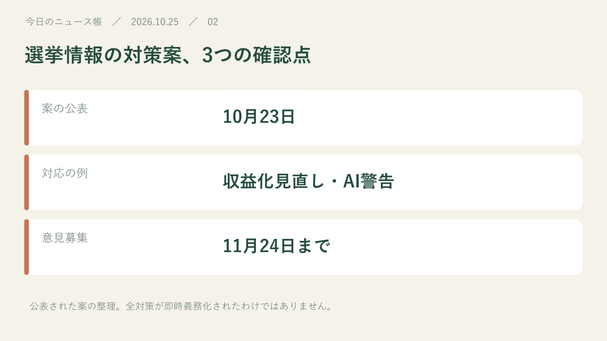 案の公表:10月23日。対応の例:収益化見直し・AI警告。意見募集:11月24日まで