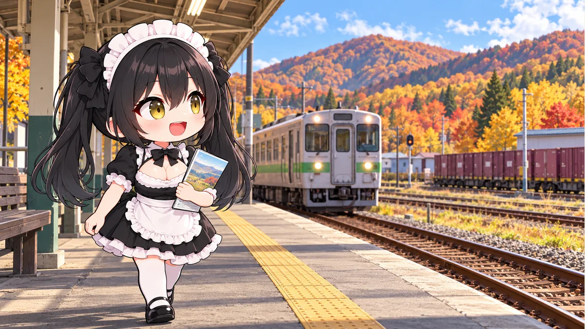 北海道の駅の安全な位置を歩き、列車と地域交通を見つめるミオ。実在駅の再現ではありません。