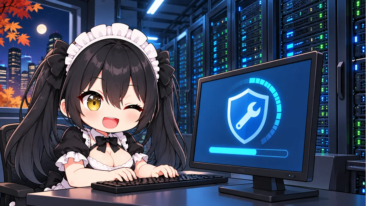 サーバールームで更新作業をするミオと、保護・修理を表す画面。実際の攻撃や操作画面ではないイメージです。
