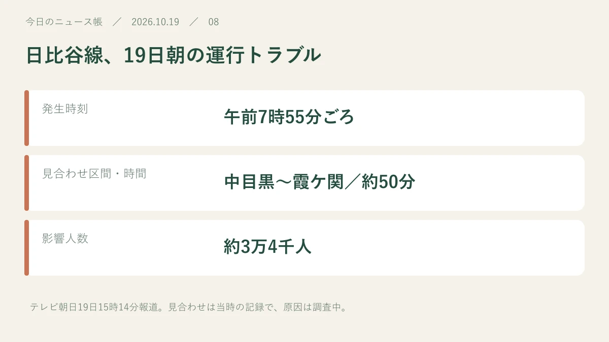 発生時刻：午前7時55分ごろ。見合わせ区間・時間：中目黒〜霞ケ関／約50分。影響人数：約3万4千人