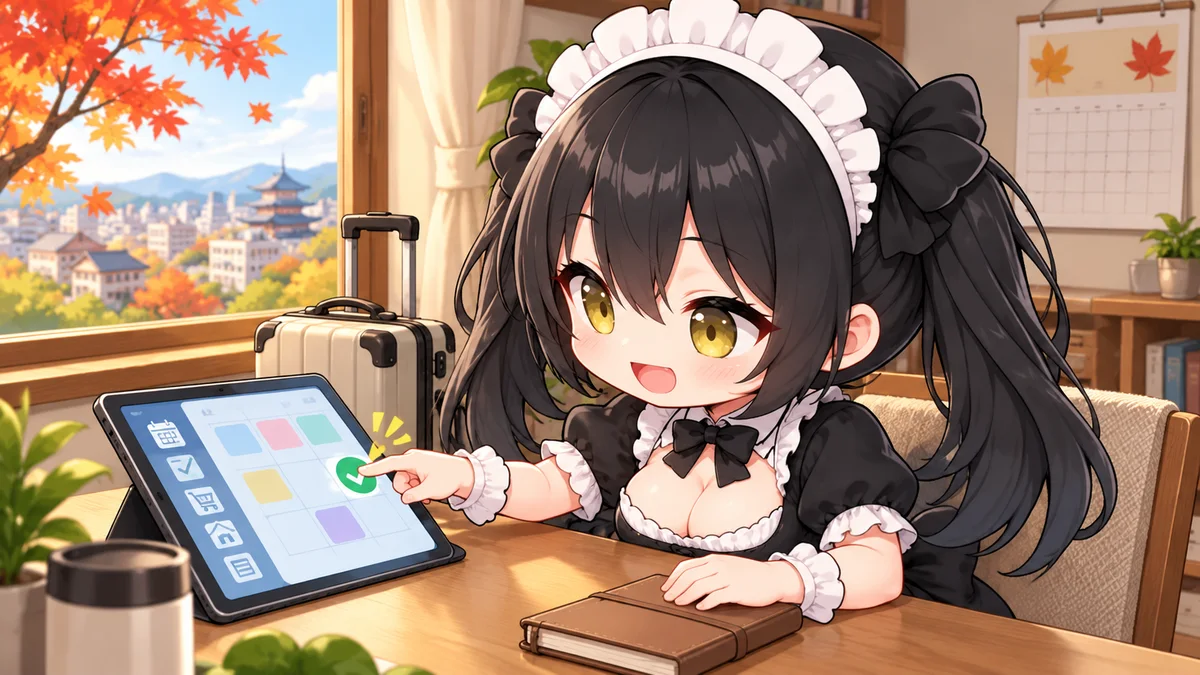 予定の記号が表示されたタブレットを操作するミオ。実際のMuseの画面や動作の再現ではありません。