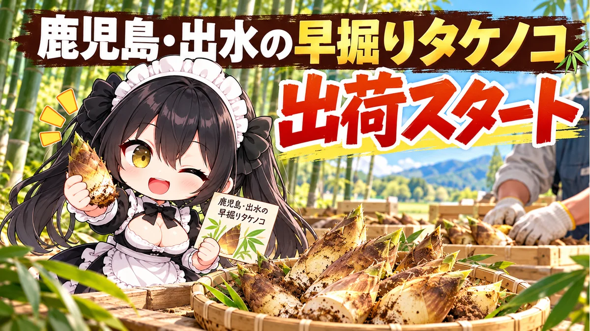 竹林と収穫かごのタケノコ、産地を案内するミオのイメージイラスト。実際の生産者や出荷作業を撮影した写真ではありません。