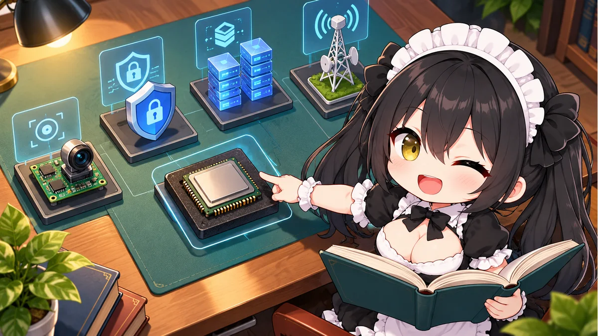 半導体や通信・データの概念教材を調べるミオ。マレーシアの実際の設備や政策達成を示すものではありません。