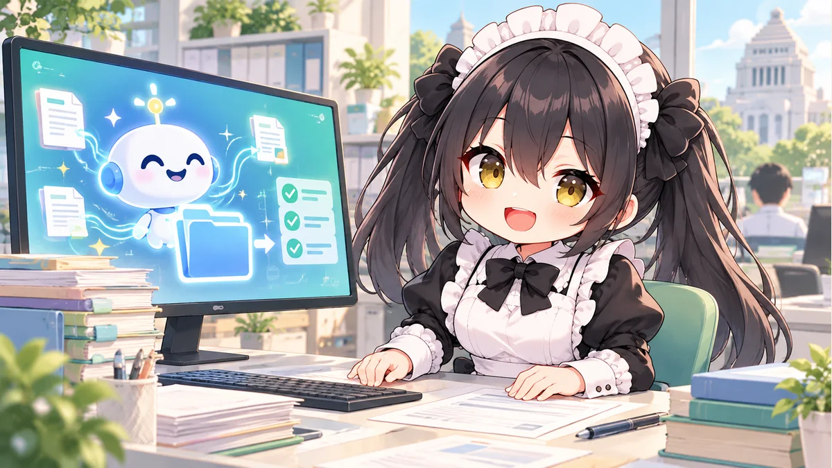 行政の資料整理を支援するAI画面と、机で作業を確認するミオのイメージイラスト。公式の操作画面や政府の認定マークではありません。