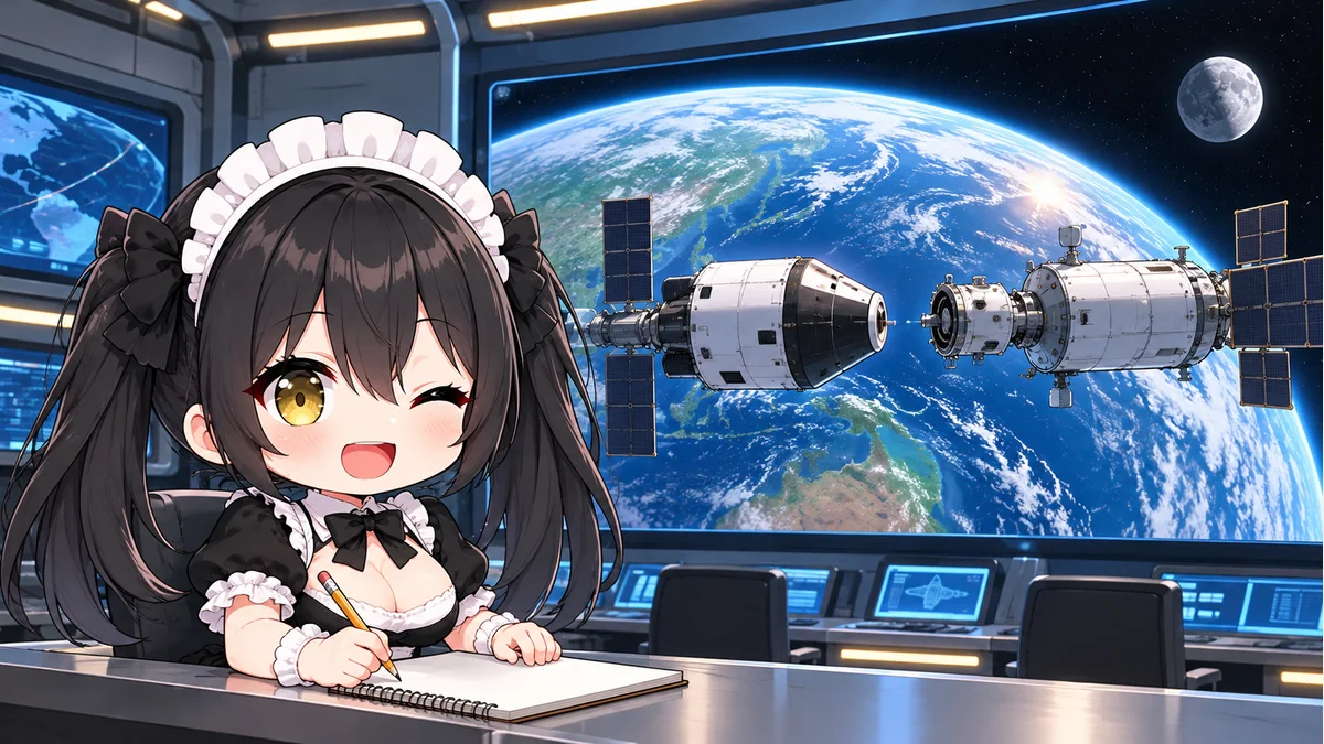 地球周回で接近する宇宙船の計画イラストを確認するミオ。実際の試験成功や月面着陸を写したものではありません。