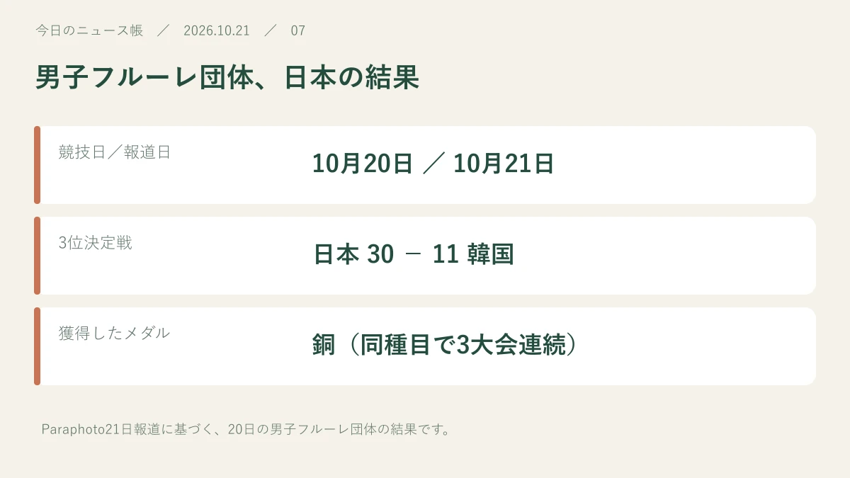 競技日/報道日:10月20日 / 10月21日。3位決定戦:日本 30 − 11 韓国。獲得したメダル:銅(同種目で3大会連続)