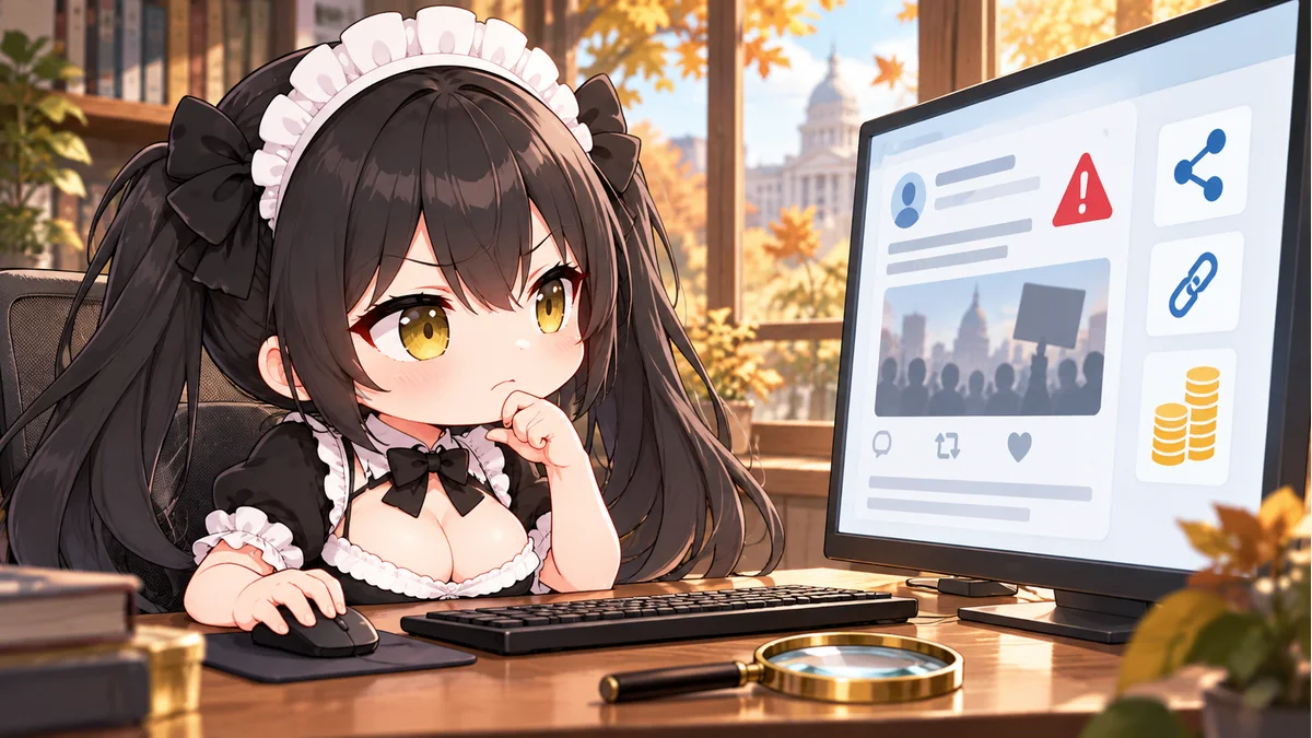 SNS投稿の出典と警告表示を画面で確認するミオ。実在サービスの画面ではないイメージです。