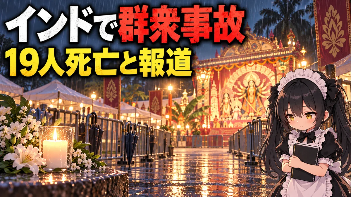 雨の祭典会場を象徴する建物と白い花、静かに見守るミオのイメージイラスト。事故現場や被害者を再現したものではありません。