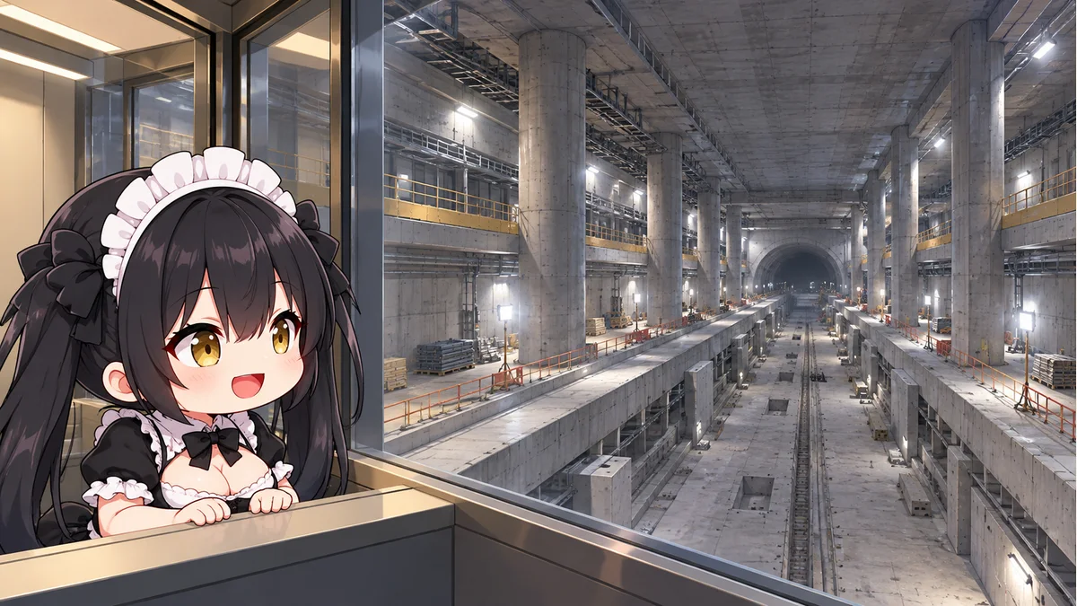 奥行きのある建設途中の地下駅を見学位置から見るミオ。実際の駅構造を正確に再現した図面ではありません。