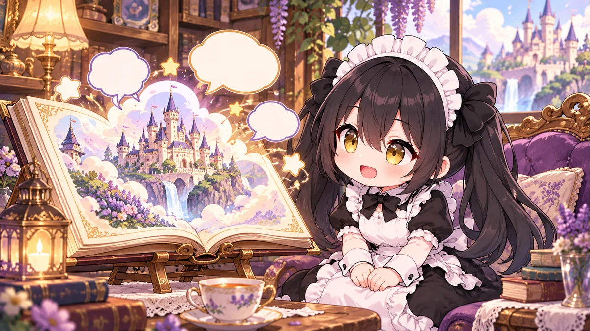 本から広がる吹き出しと架空の物語の風景を楽しむミオのイメージイラスト。既存の漫画キャラクターや実際のサービス画面ではありません。