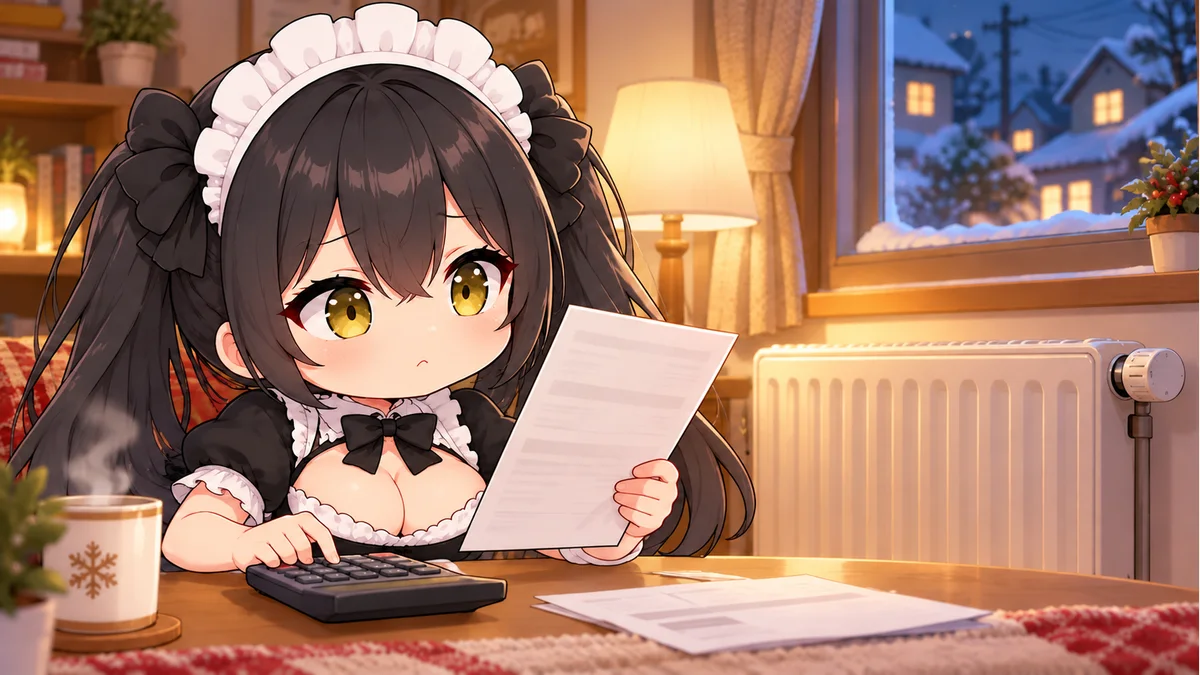請求書と電卓を確認するミオ、暖房器具のある冬の室内を描いたイメージ。補助額を示す実際の明細ではありません。