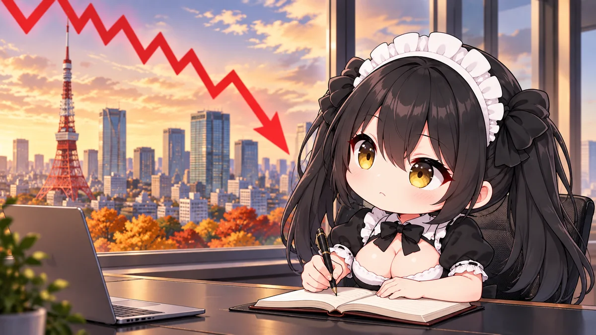 手帳に記録するミオと下向きの赤い線。市場下落を象徴するイメージで、実際の時系列グラフや将来予測ではありません。