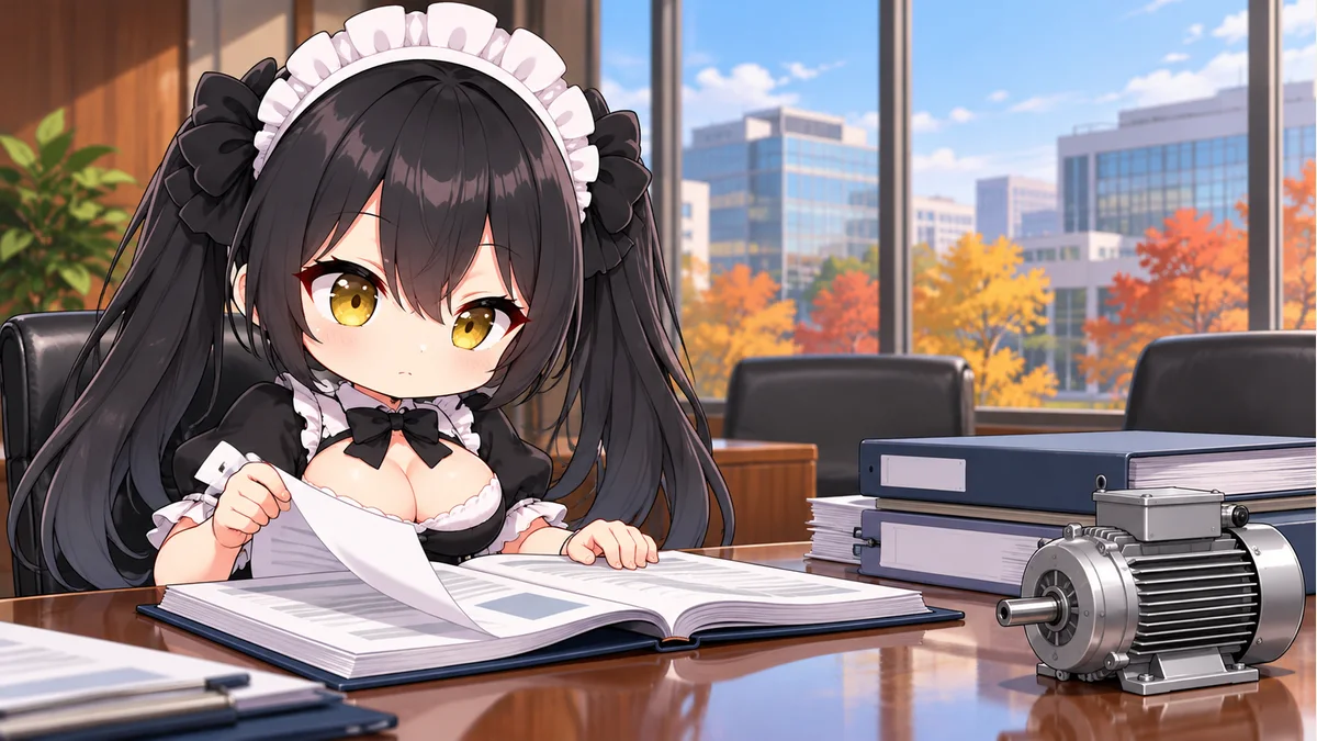 会計資料と調査報告書を確認するミオと小型モーター模型。裁判や実在役員を描いたものではありません。