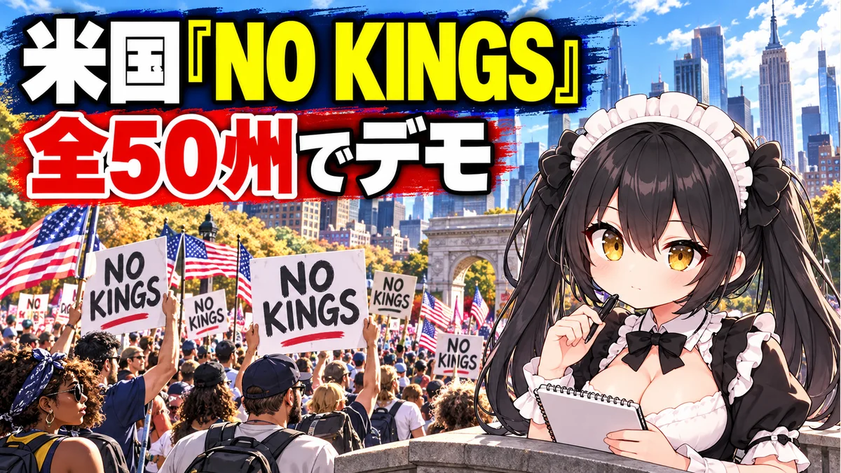 米国の街頭集会と「NO KINGS」のプラカード、取材メモを持つミオのイメージイラスト。実際の参加者や会場の再現ではありません。
