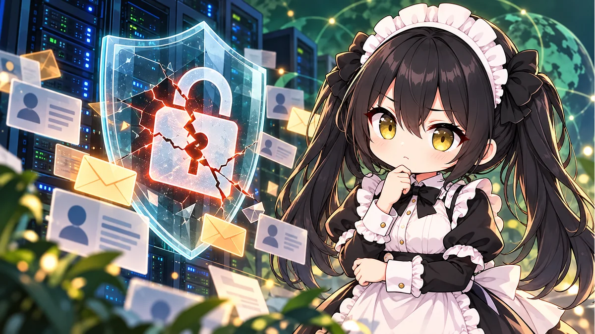 サーバー、個人情報カードと錠前を象徴的に描き、告知を確認するミオのイメージイラスト。実在の個人情報や攻撃画面は含みません。