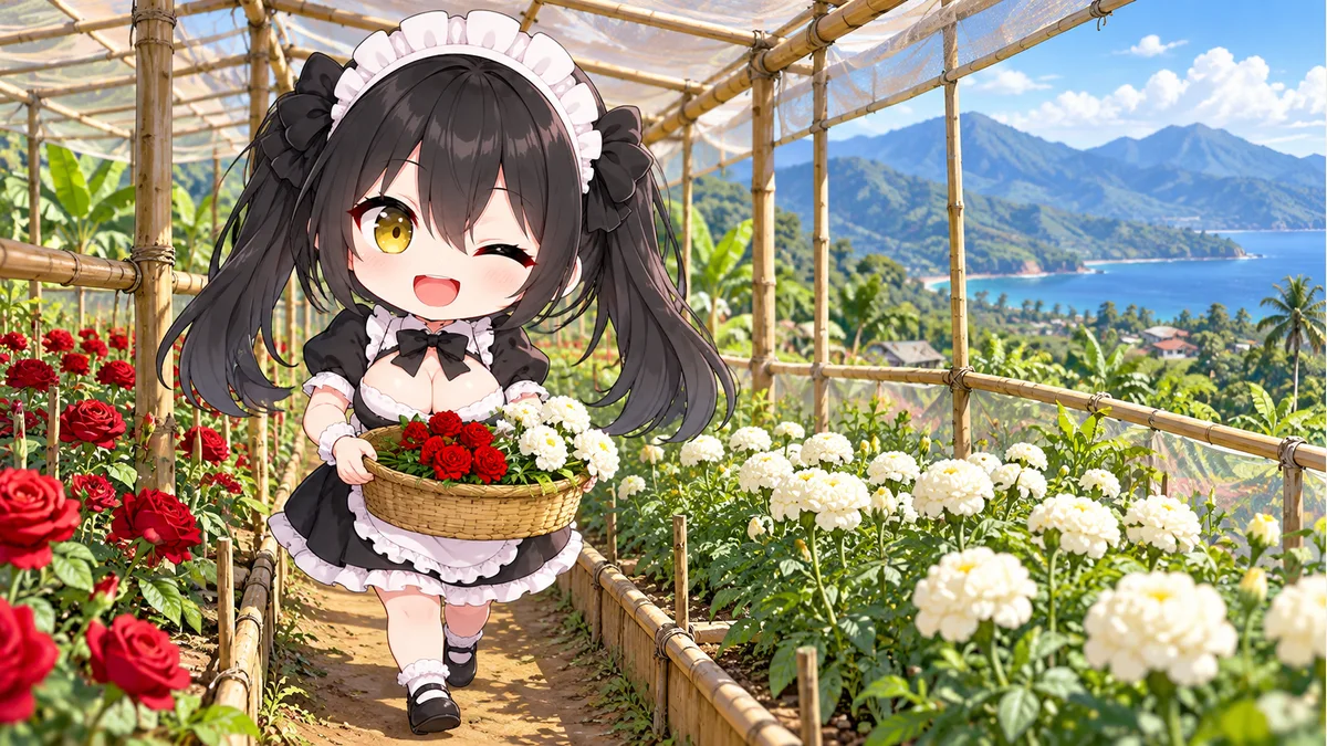 熱帯の山間部の花栽培施設で花かごを運ぶミオのイメージ。実在の参加女性の肖像ではありません。