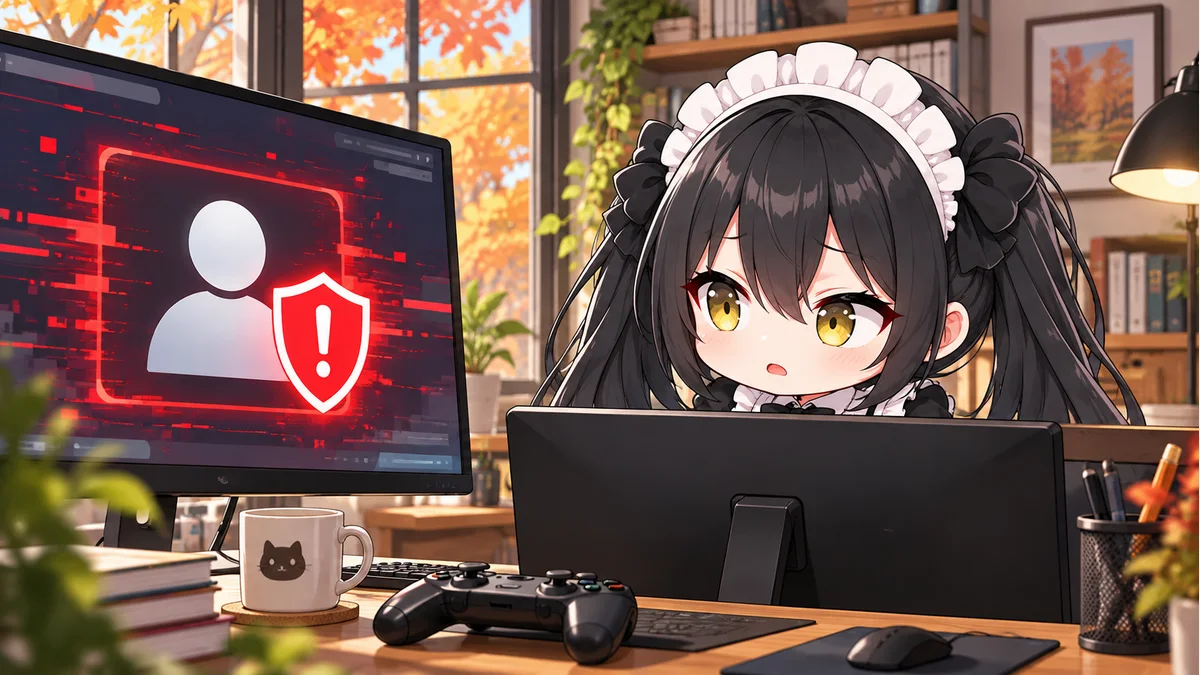 ゲーム用のコントローラー、警告を示すアカウント画面とミオ。実際の個人情報やカプコンの操作画面ではないイメージです。