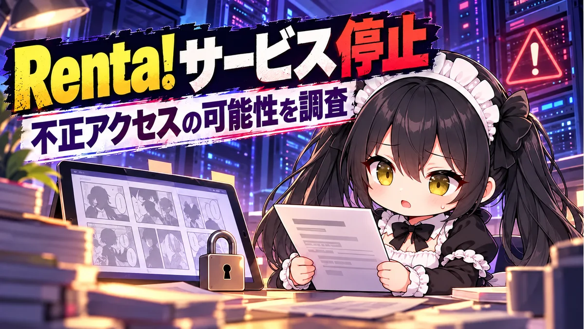 電子書籍を読むタブレット、サーバーと錠前、告知を確認するミオのイメージイラスト。実際の管理画面や攻撃手法を示すものではありません。