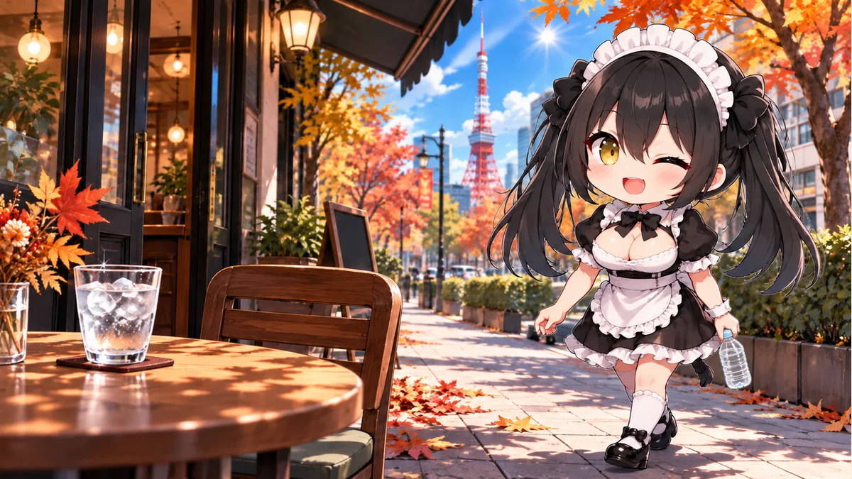 紅葉のある東京の街を歩くミオと水のボトル。秋の暑さを表すイメージで、実際の観測地点の写真ではありません。