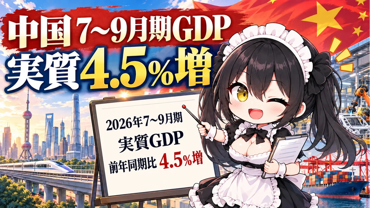 中国の都市と工場、物流コンテナ、統計資料を説明するミオのイメージイラスト。株価の予測を表す図ではありません。