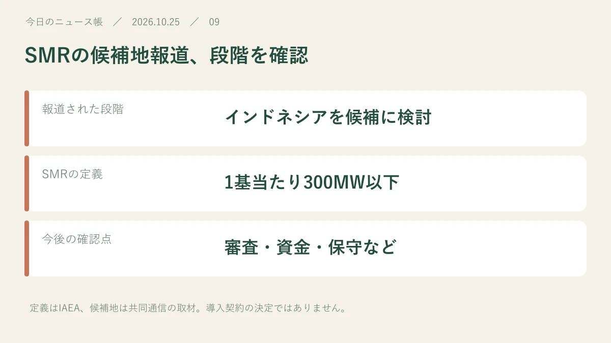 報道された段階:インドネシアを候補に検討。SMRの定義:1基当たり300MW以下。今後の確認点:審査・資金・保守など