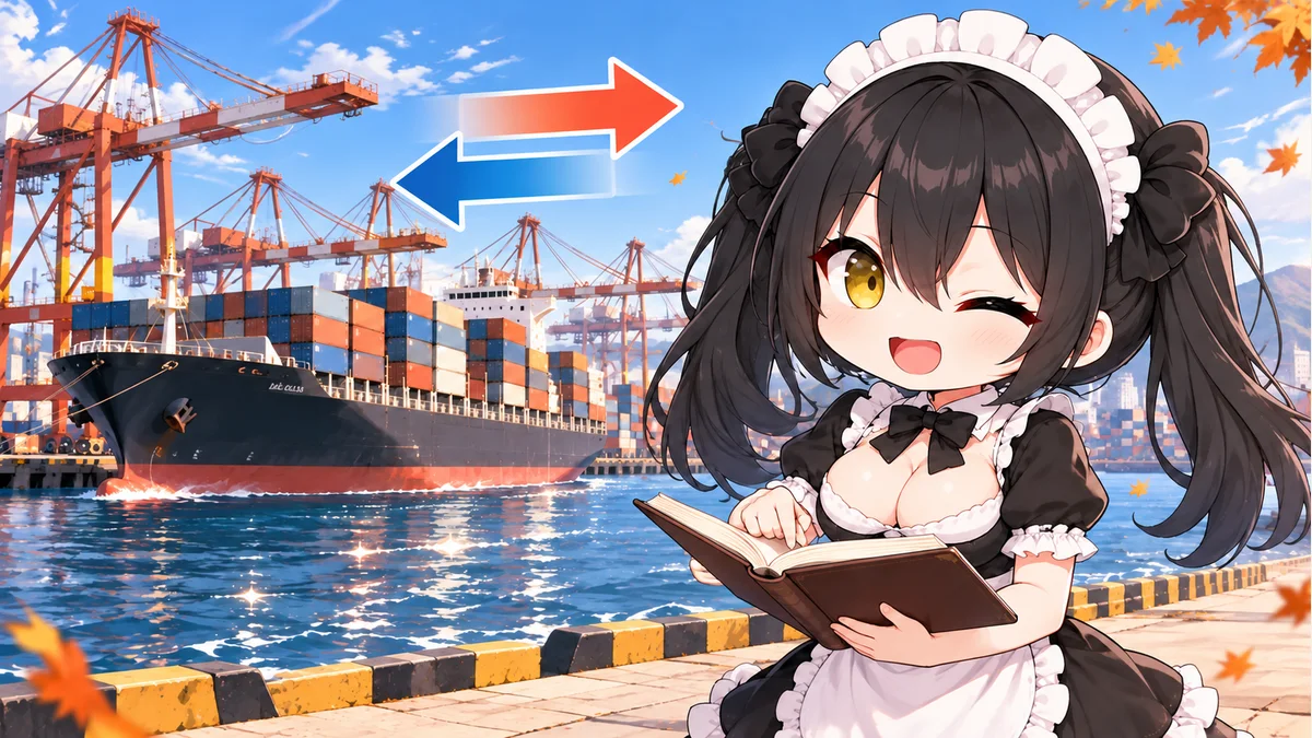 コンテナ船と港のクレーン、輸出入を象徴する矢印と手帳を見るミオ。実際の輸出入量を表すグラフではありません。