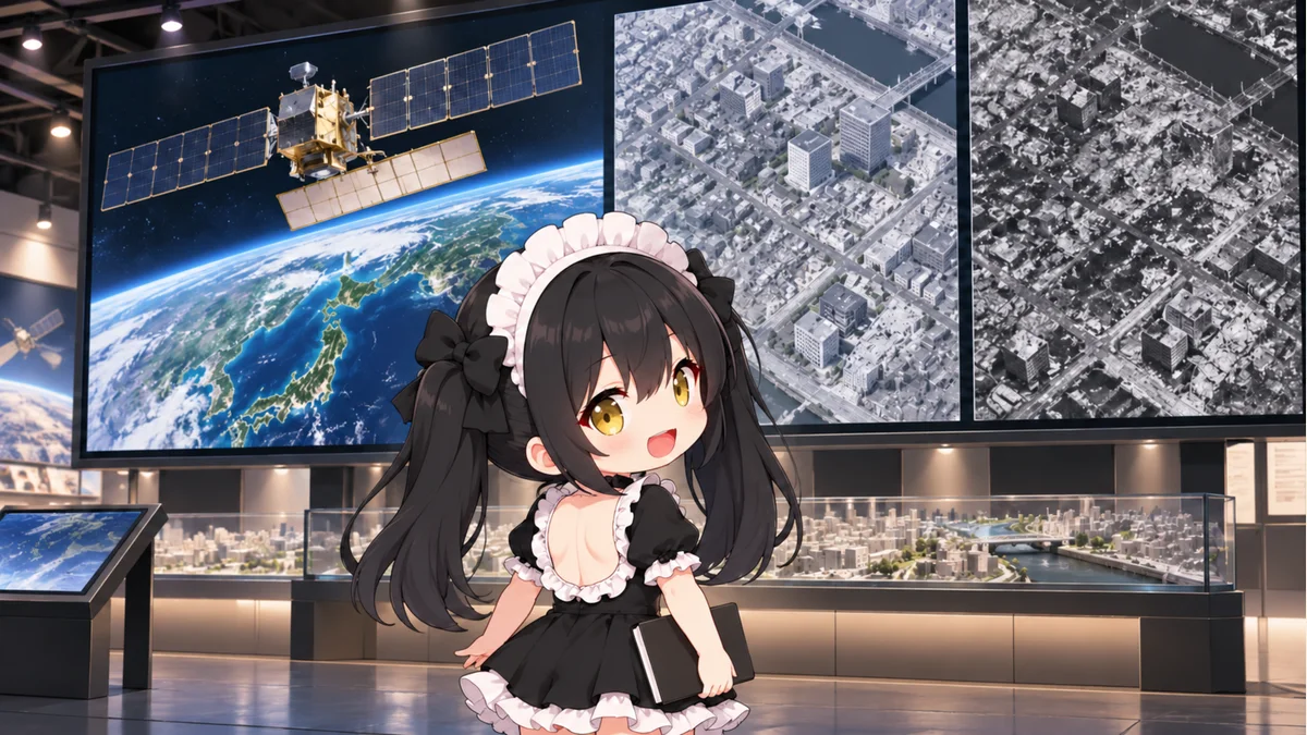 衛星観測と地表画像の概念展示を見学するミオ。実測画像や完成済みの被害判定画面ではありません。