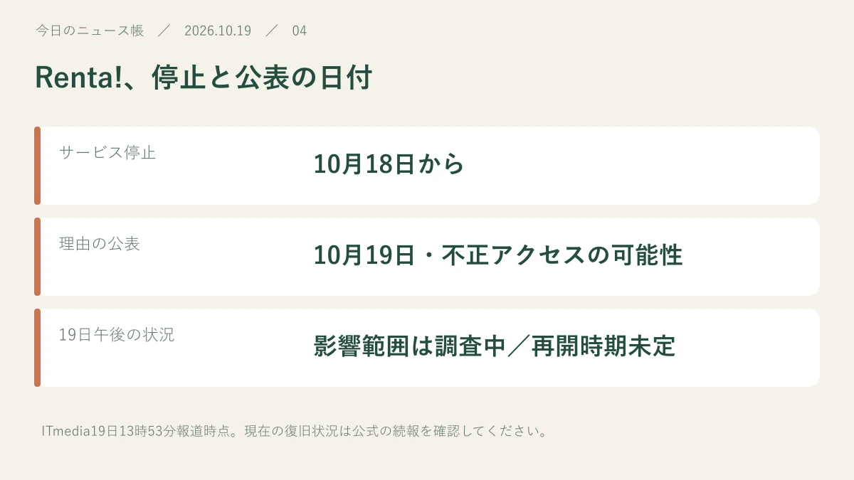 サービス停止：10月18日から。理由の公表：10月19日・不正アクセスの可能性。19日午後の状況：影響範囲は調査中／再開時期未定