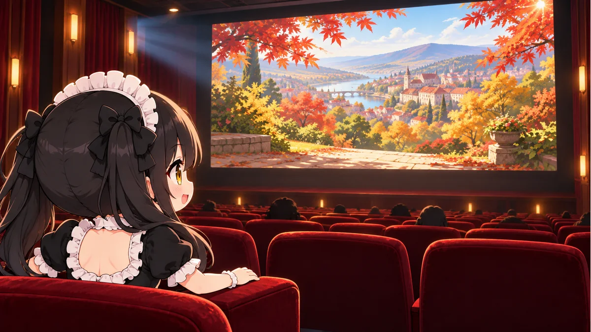 秋の庭と町を描いた架空の映画スクリーンを見るミオ。作品の場面やポスターを再現した画像ではありません。