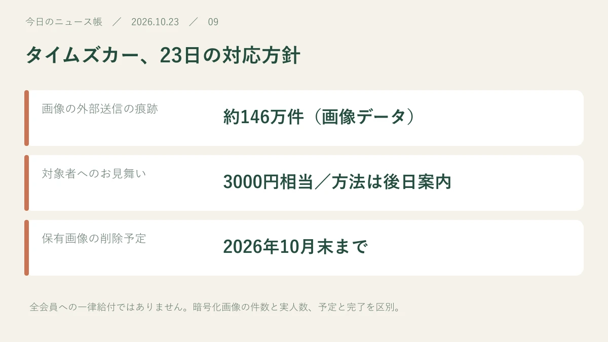 画像の外部送信の痕跡:約146万件(画像データ)。対象者へのお見舞い:3000円相当/方法は後日案内。保有画像の削除予定:2026年10月末まで