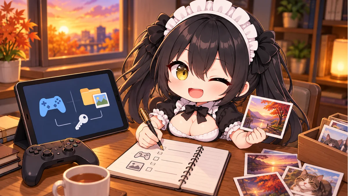 サービス一覧を書き、写真とゲーム機器を整理するミオ。実際のパスワードや個人情報は描かれていません。