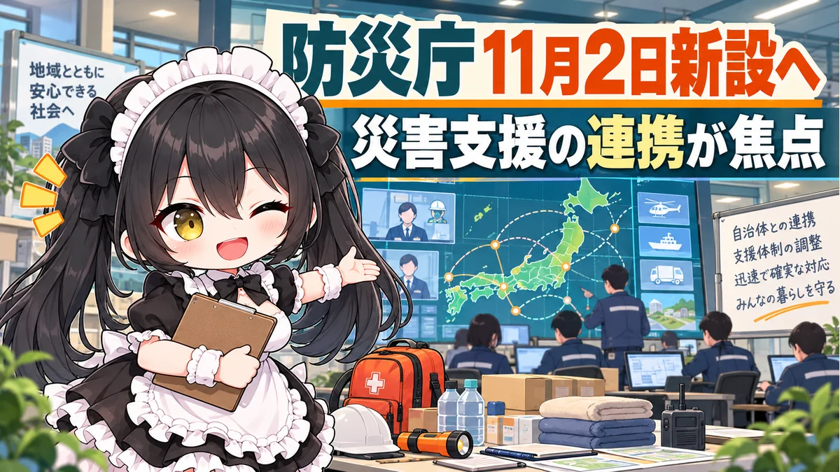災害対応の連絡室、支援物資と資料を持つミオのイメージイラスト。実在の防災庁の庁舎や職員を描いたものではありません。