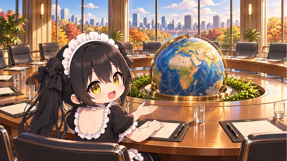 地球儀と円卓を前に国際協力について考えるミオ。実際の国連会議や条約調印の場面ではありません。